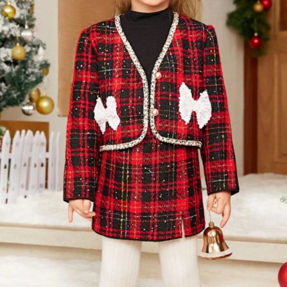 red plaid coord set jacket/ skirt with sequin bows - Picture 7 of 7